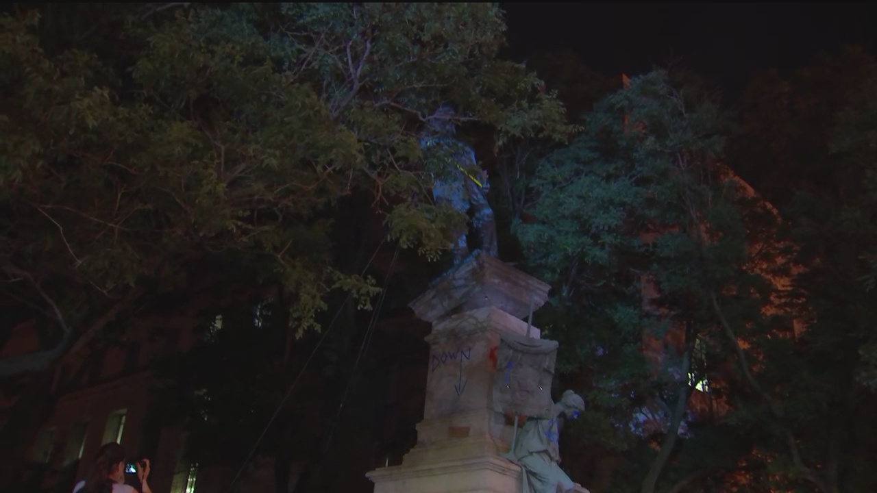 Protesters topple, burn Albert Pike statue in DC