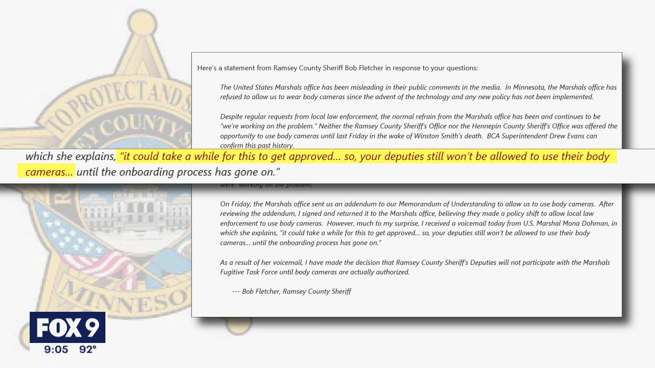 Ramsey County Sheriff says deputies will not serve on U.S. Marshal task force until body cameras allowed