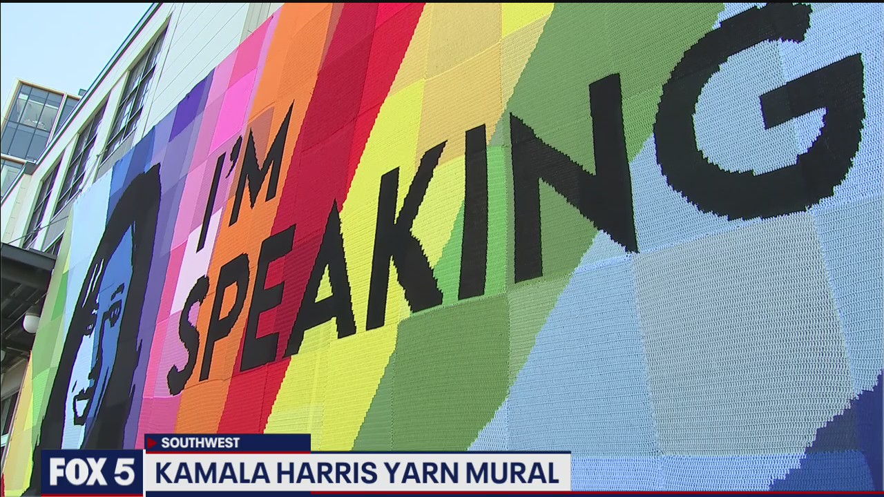 Kamala Harris yarn mural