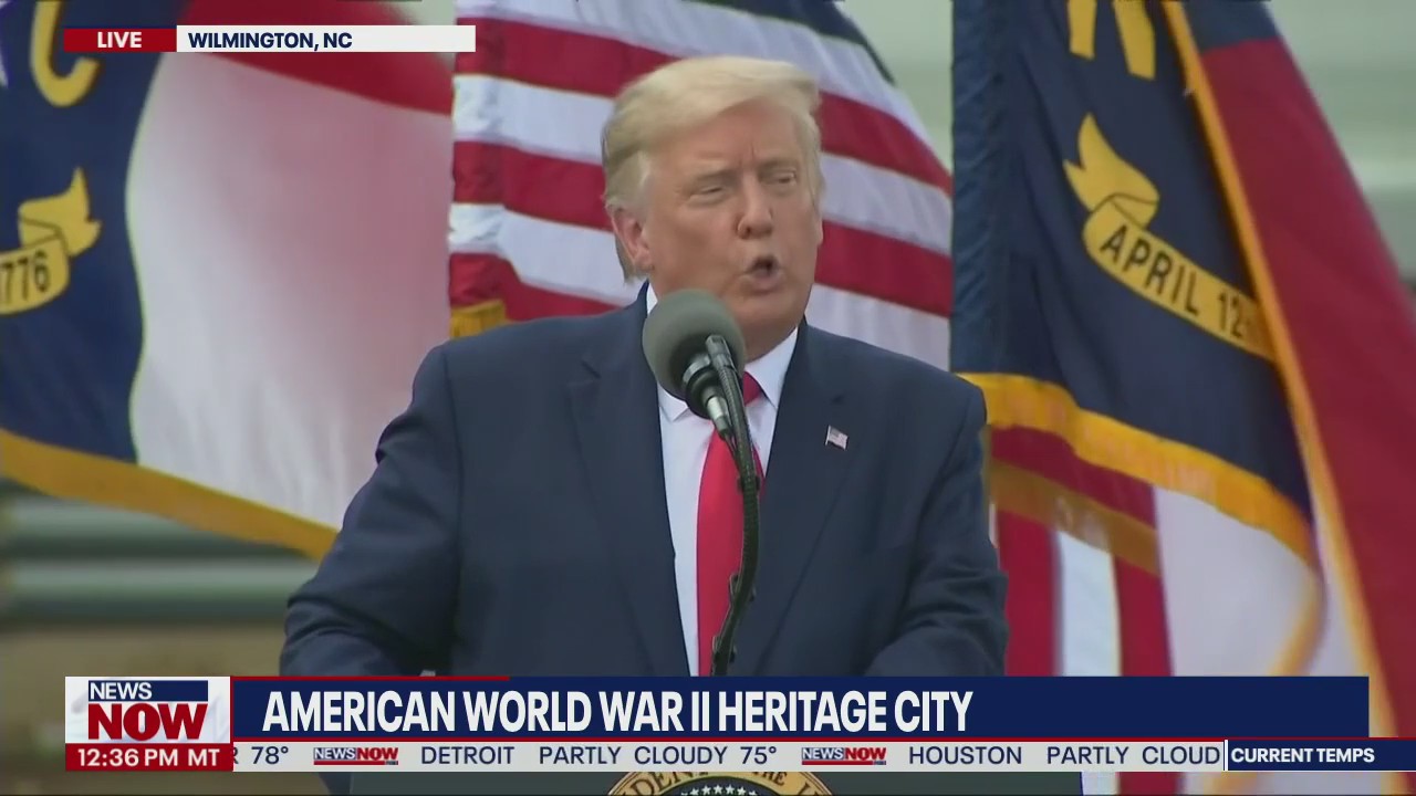 President Donald Trump speaks at the American WWII Heritage City