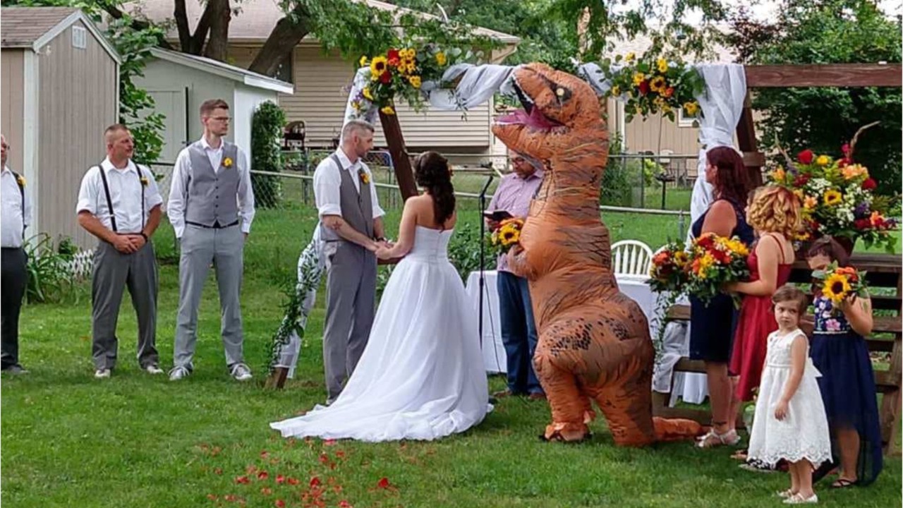 Maid of honor shows up to sister’s wedding in giant T-rex costume