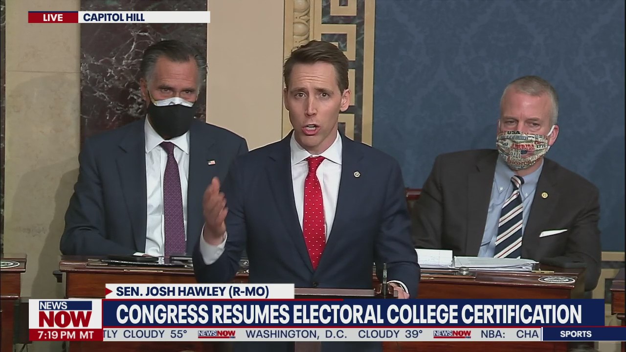 Sen. Josh Hawley gives remarks after pro-Trump riots at U.S. Capitol