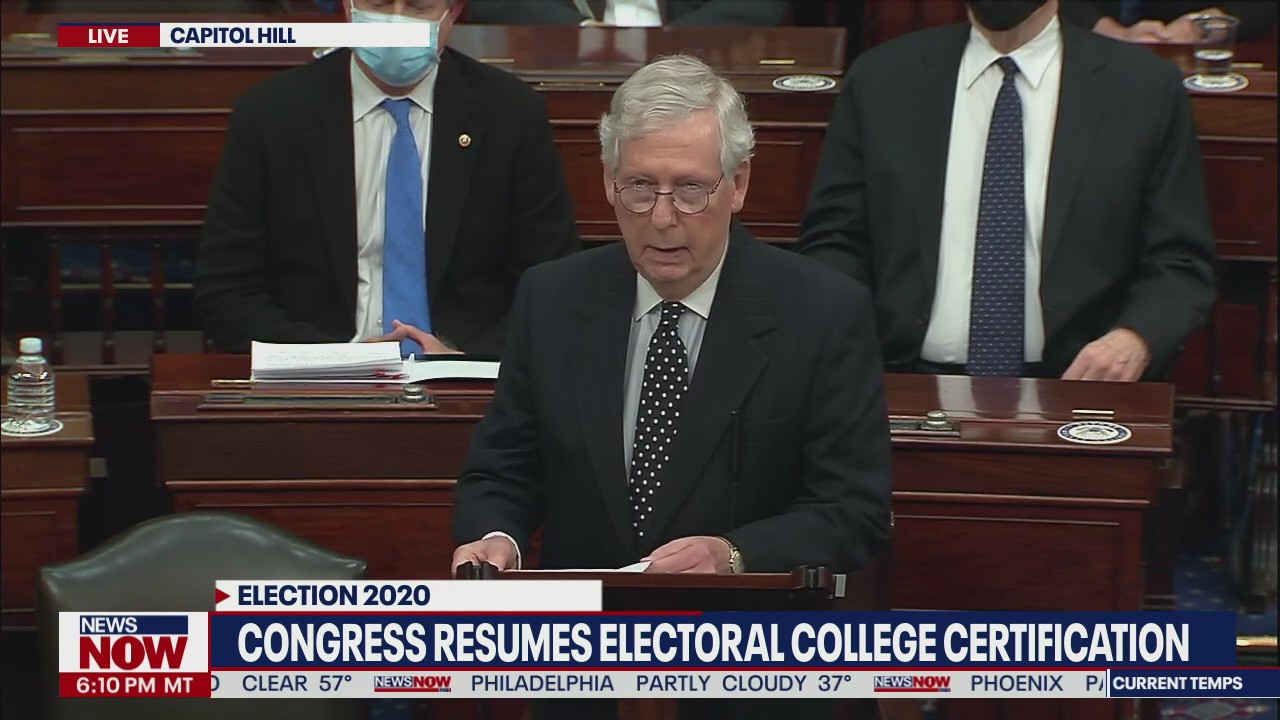Sen. Majority Leader Mitch McConnel gives remarks after protestors stormed Capitol