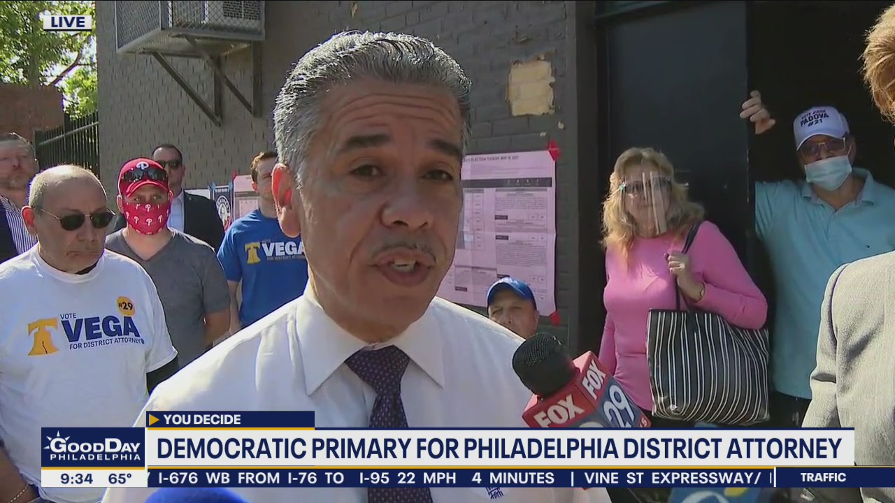Candidate Carlos Vega runs for Philadelphia District Attorney in the democratic primary held Tuesday
