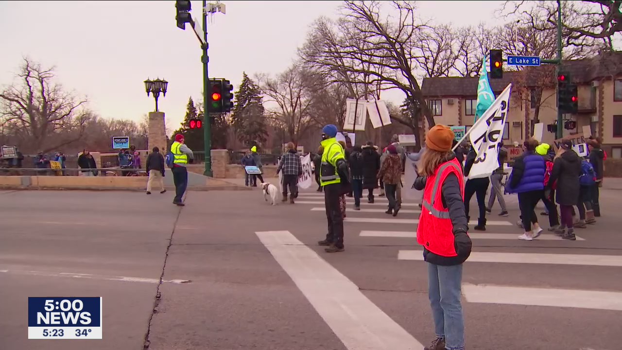 Protesters in Minneapolis on Sunday were rally against the construction of the Enbridge Line 3 pipeline project in Minnesota.