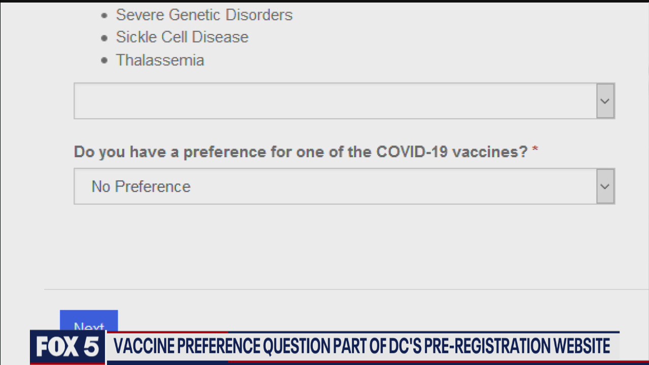 Vaccine preference question part of DC's pre-registration website