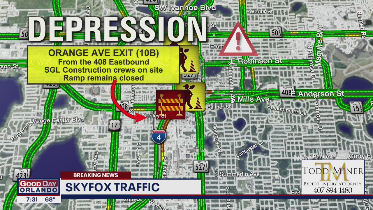Depression in road closes Orange Ave. exit ramp from S.R. 408 in Orlando