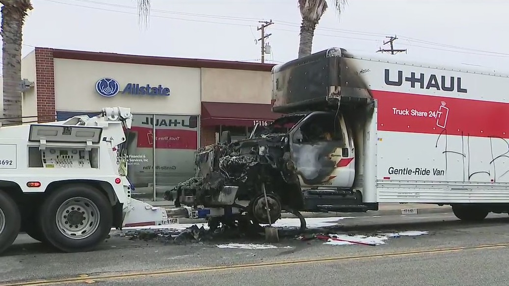 U-Haul pursuit comes to an end in Bellflower after vehicle erupts in flames