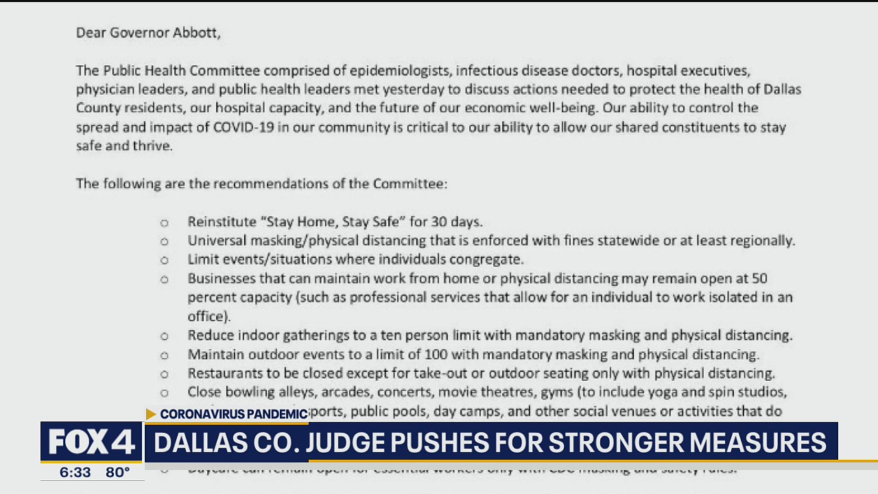 Dallas County judge asks Gov. Abbott for stricter COVID-19 restrictions