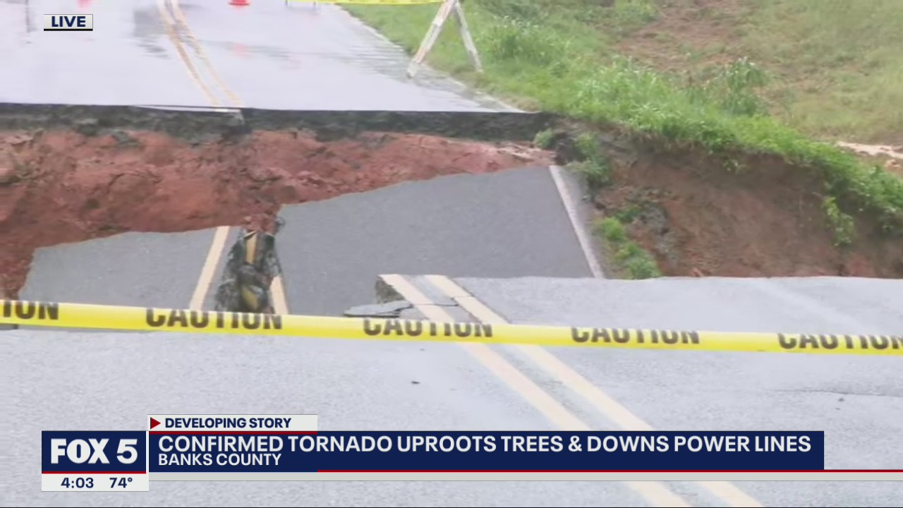 Confirmed tornado uproots trees and downs power lines in Banks County