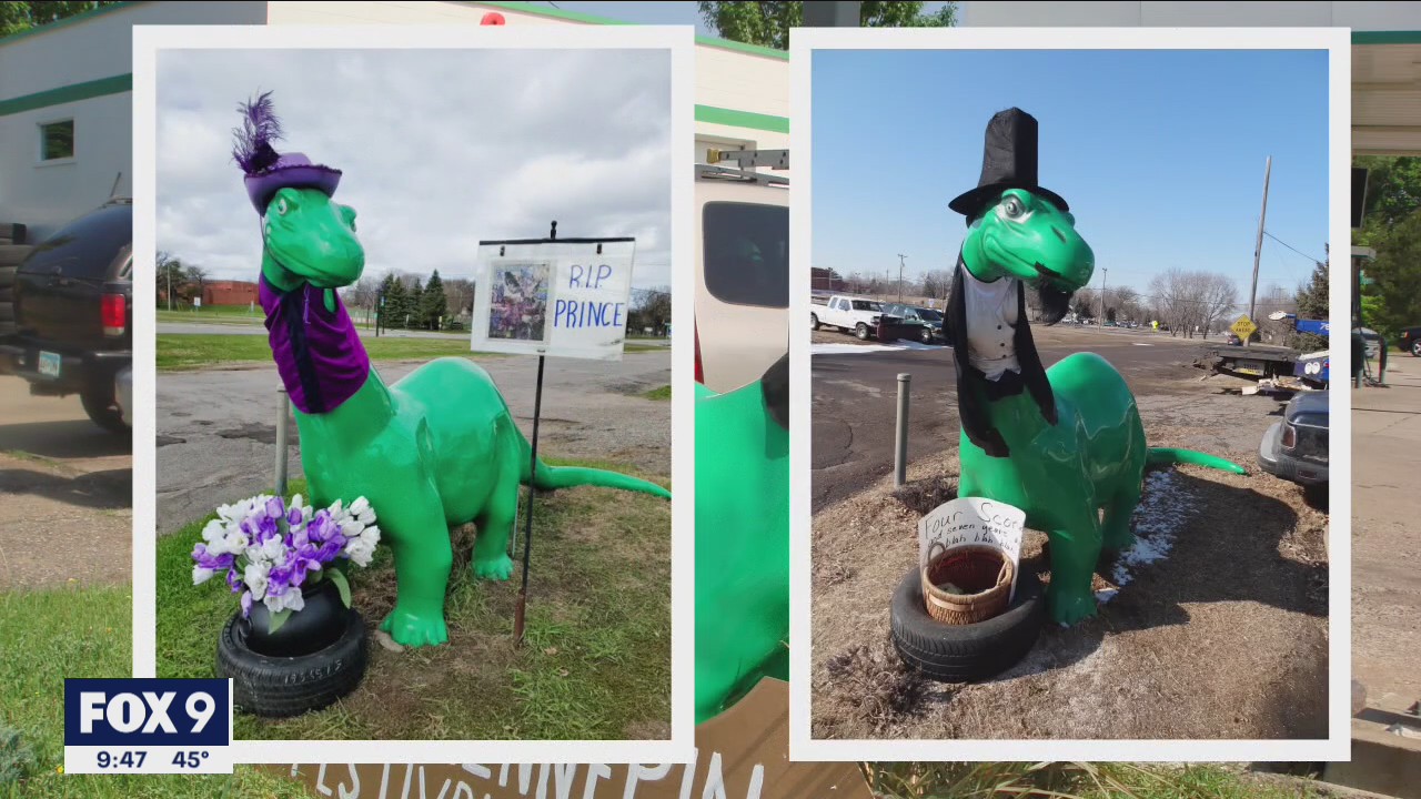 Dressed up dinosaur turns heads at Minnesota gas station