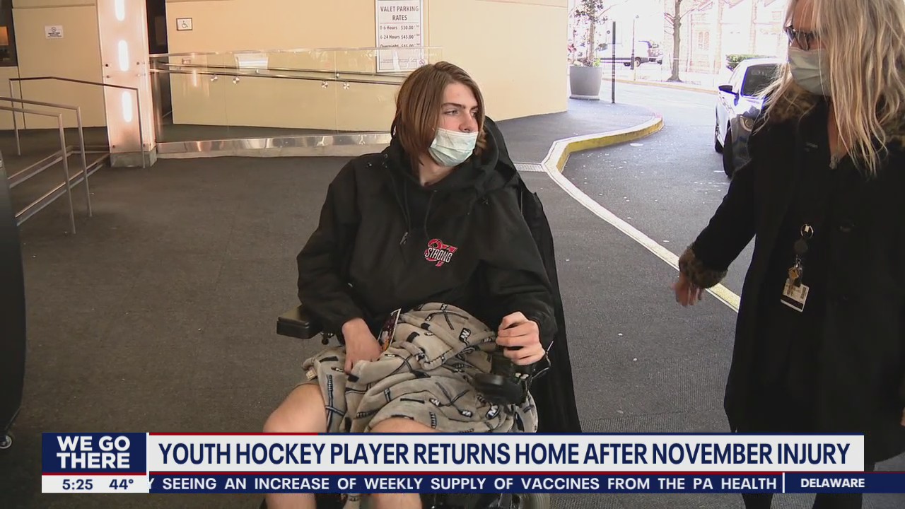 Youth hockey player returns home after suffering severe injury during tournament in November