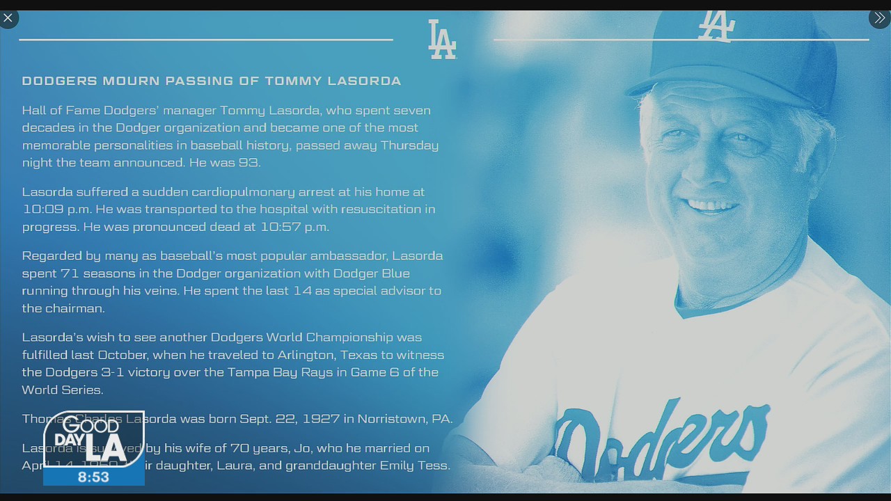 Dodgers' legend Tommy Lasorda dies at 93