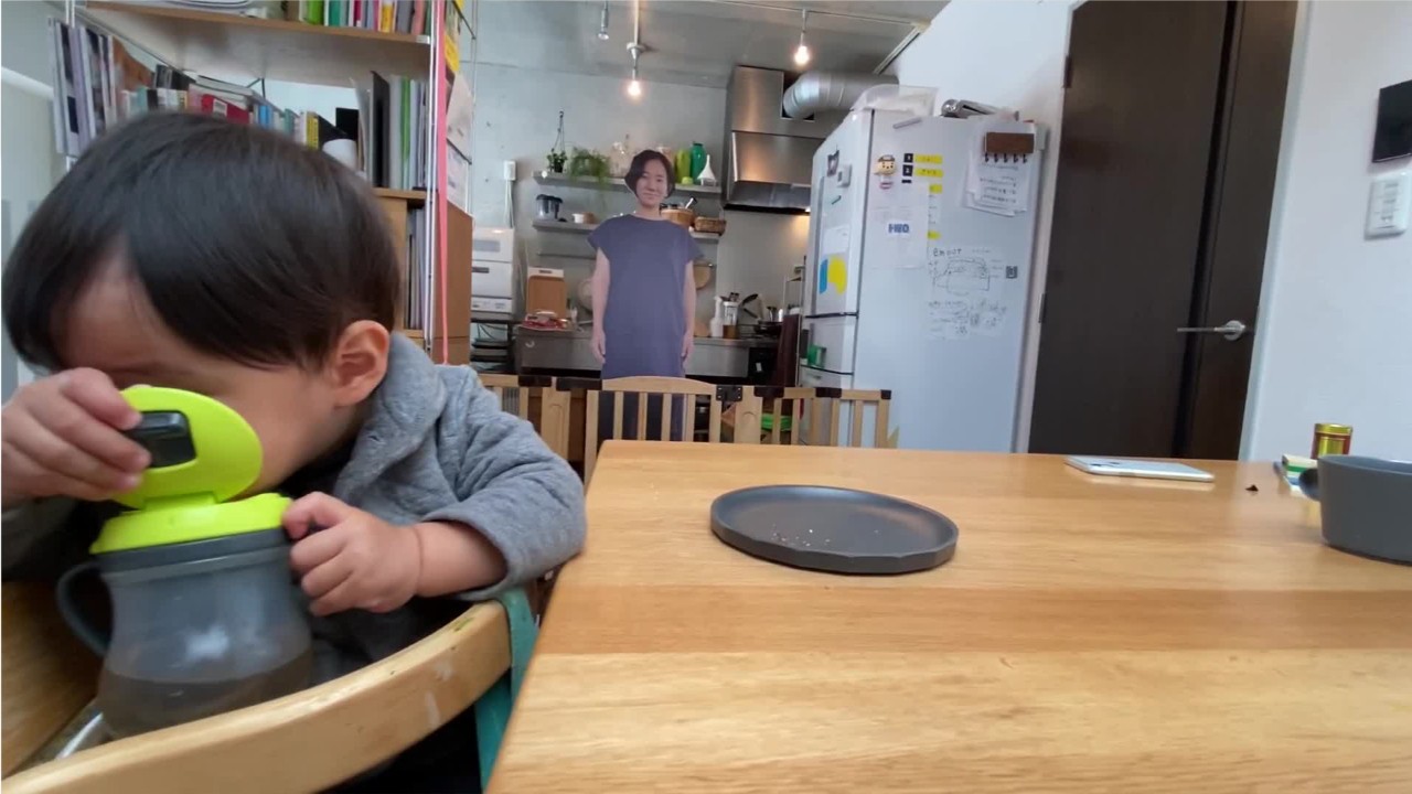 Mom uses cardboard cut-out of herself to calm toddler