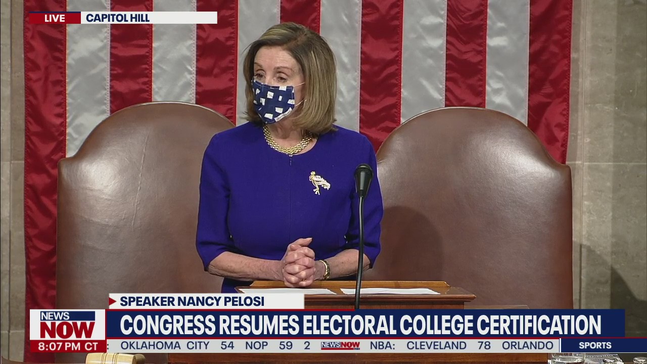 House Speaker Nancy Pelosi speaks as Congress resumes Electoral College certification