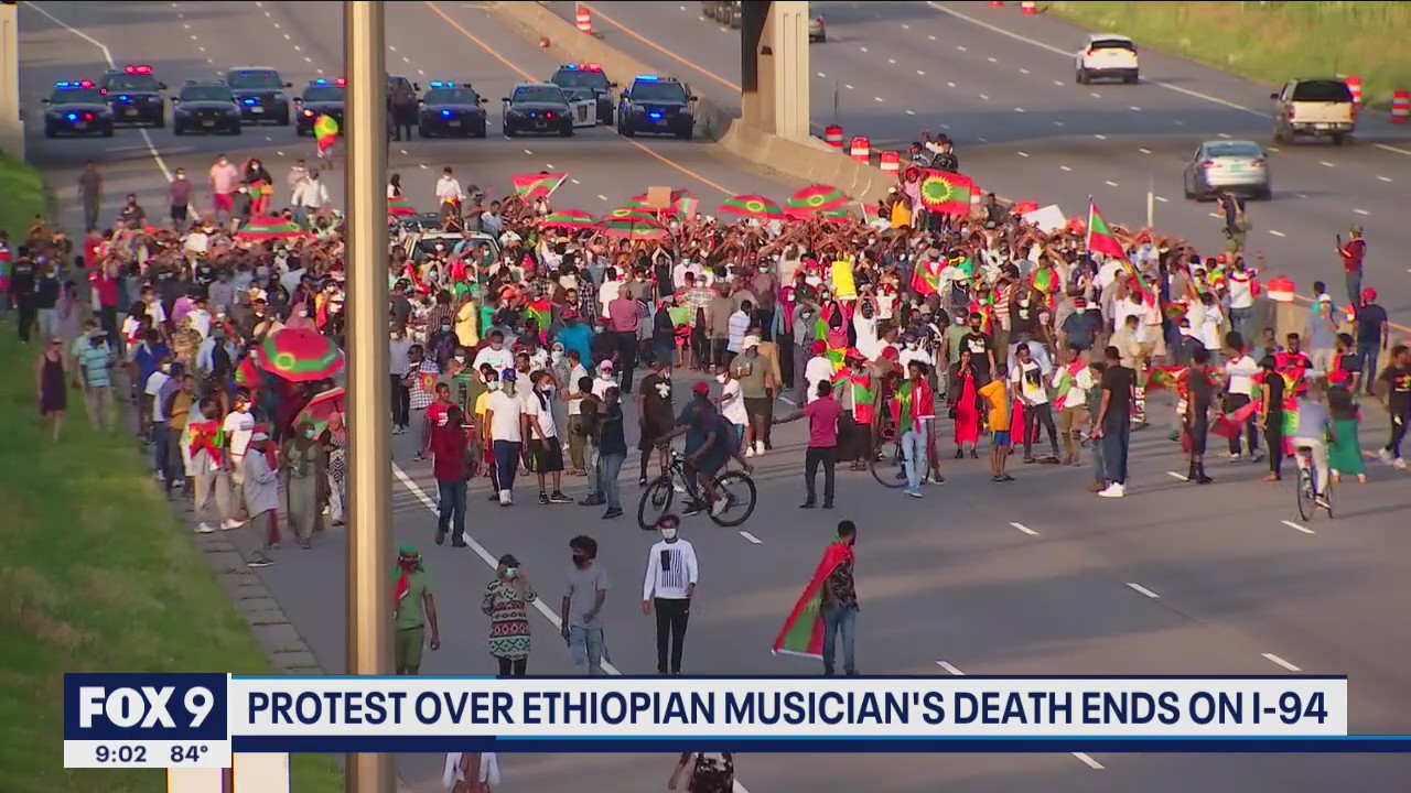 Protesters march onto I-94 in St. Paul in response to unrest in Ethiopia after death of singer