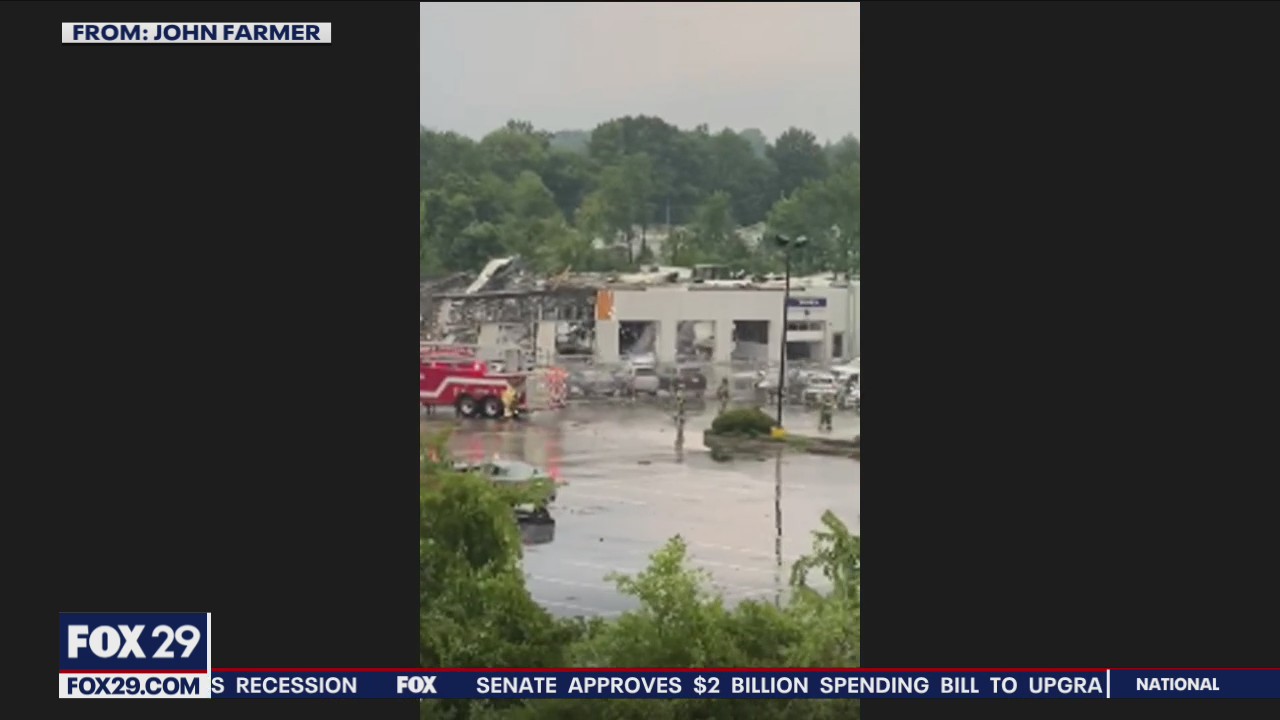 Car dealership partially collapses in Bucks County, Pennsylvania after tornado touched down in area