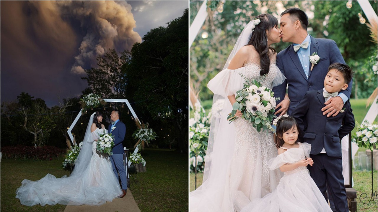 Couple’s wedding photos include dramatic shot of volcano erupting in background