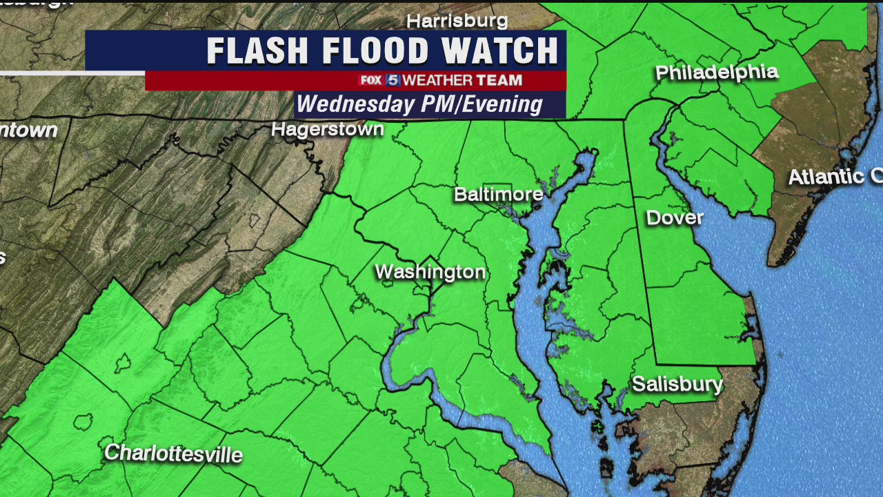 Humid with scattered thunderstorms Wednesday; Flash Flood Watch into the evening