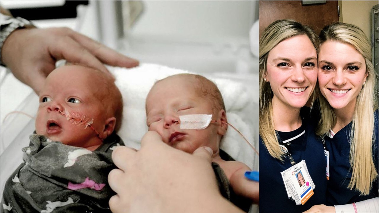 Identical twin sisters deliver twin babies together at hospital
