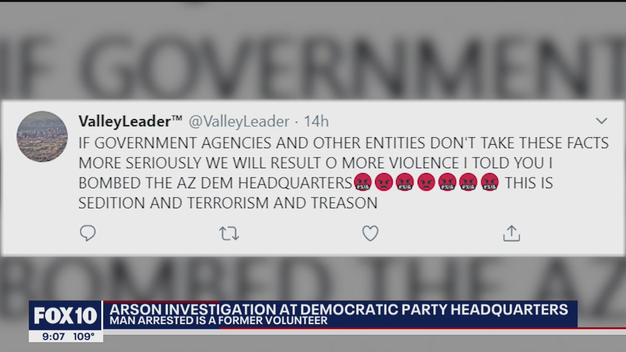 Former volunteer arrested in connection to fire at Democratic Party headquarters in Phoenix