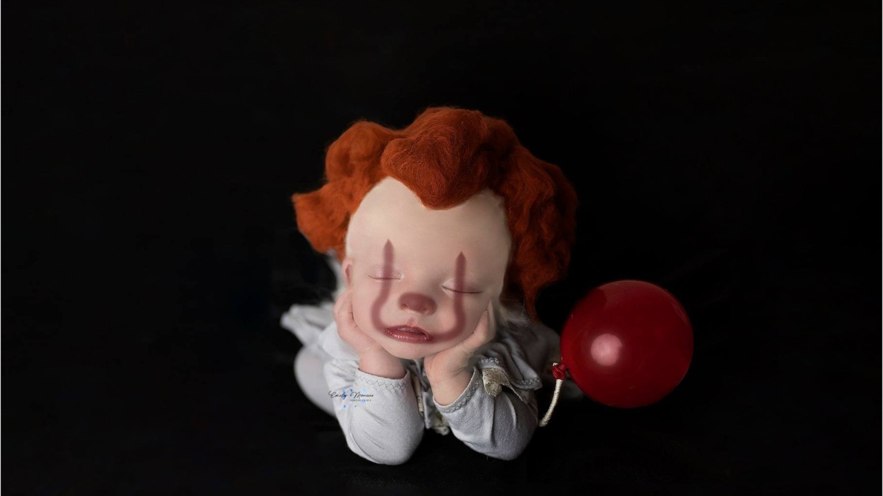 Baby dresses as Pennywise for newborn photo shoot