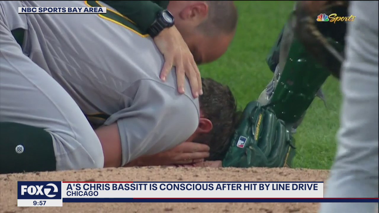 Oakland Athletics right-hander Chris Bassitt struck on head by line drive