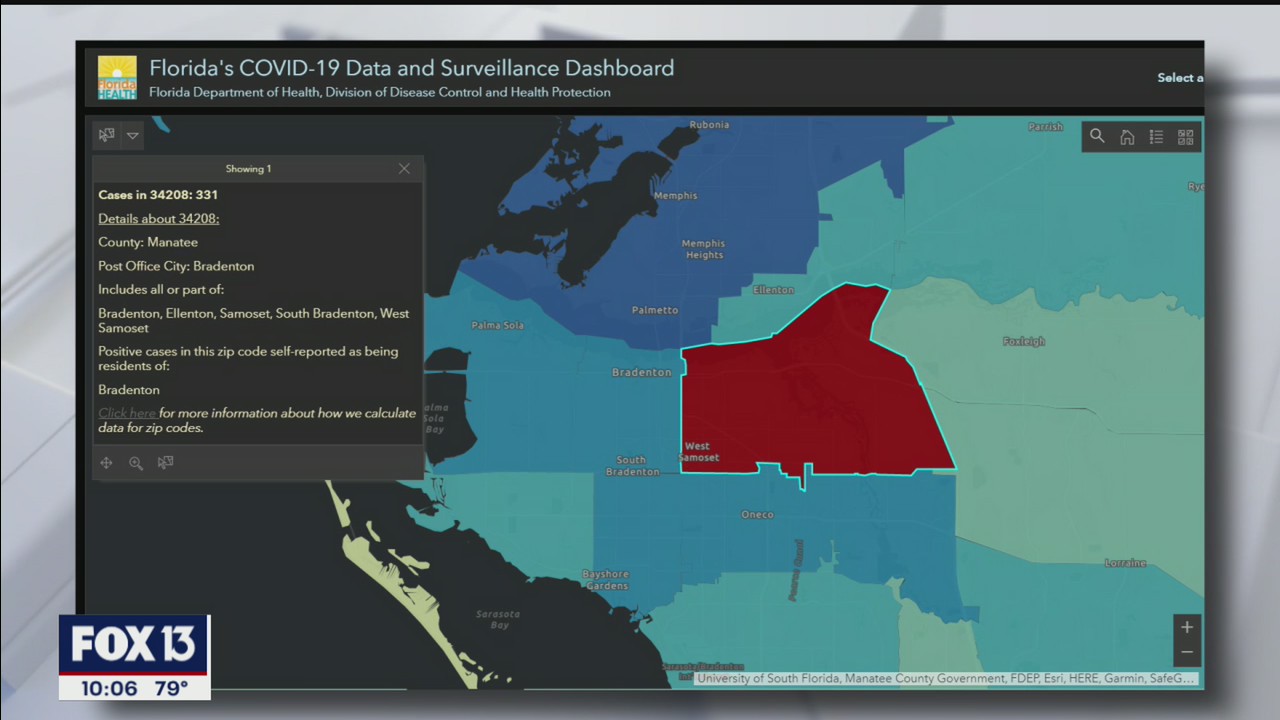 Dashboard data shows case counts by zip code
