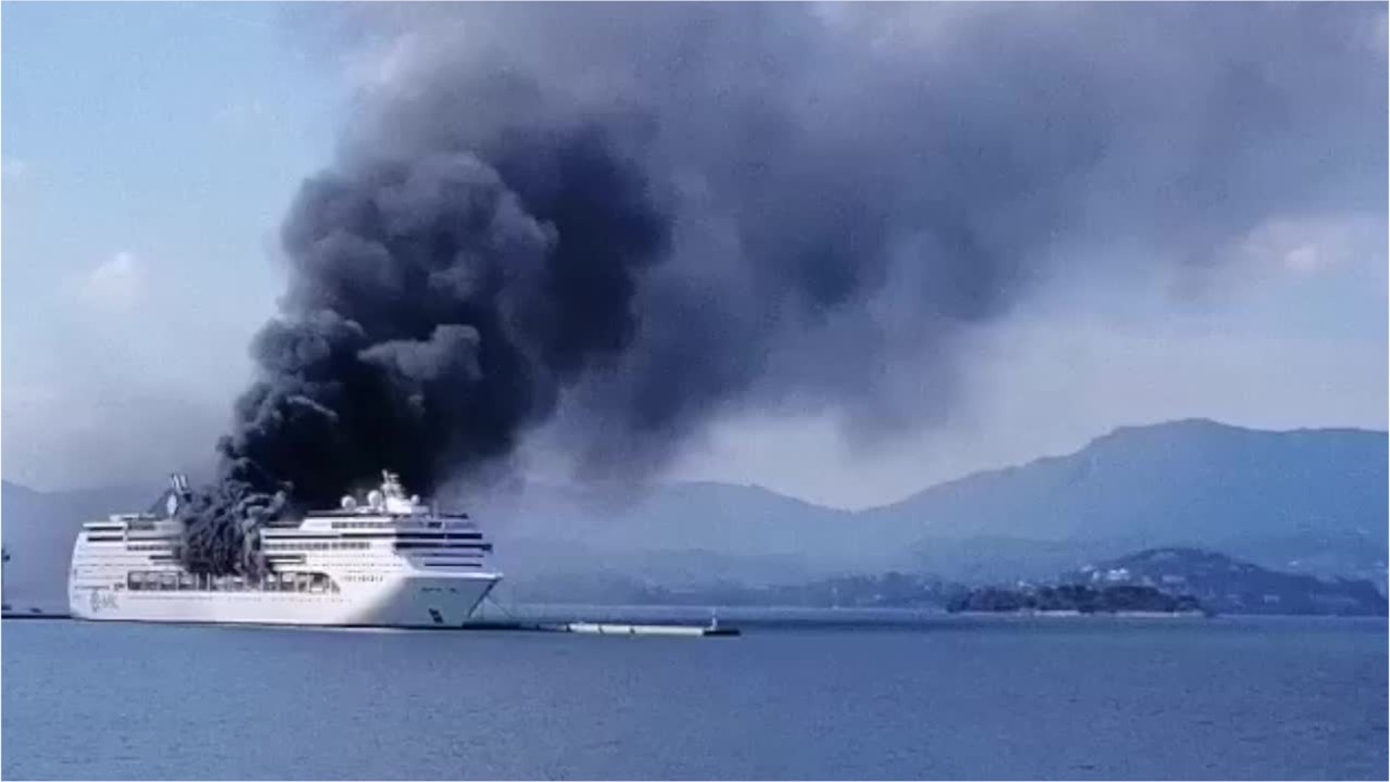 Smoke billows from cruise ship fire in Greece