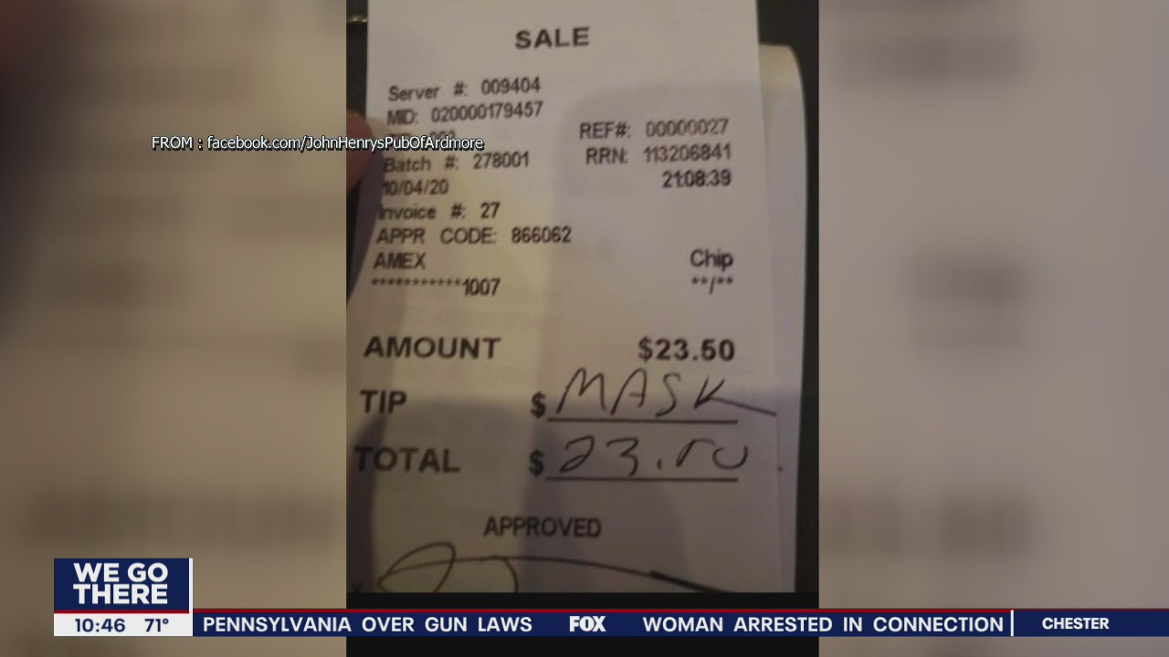Man stiffs waitress after being asked to wear mask at Ardmore restaurant