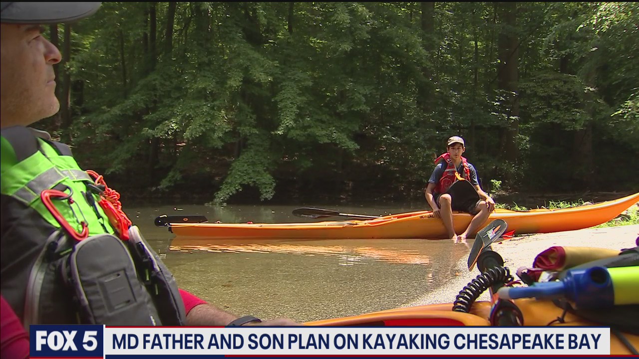 Maryland father and son kayaking Chesapeake Bay