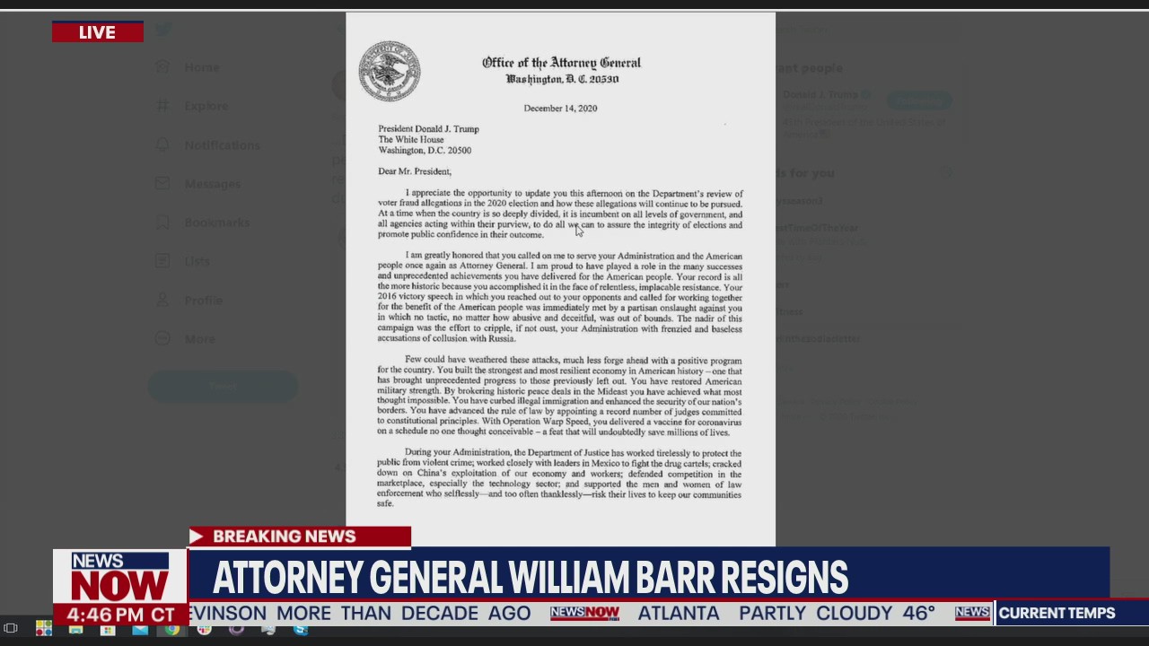 Attorney General William Barr resigns