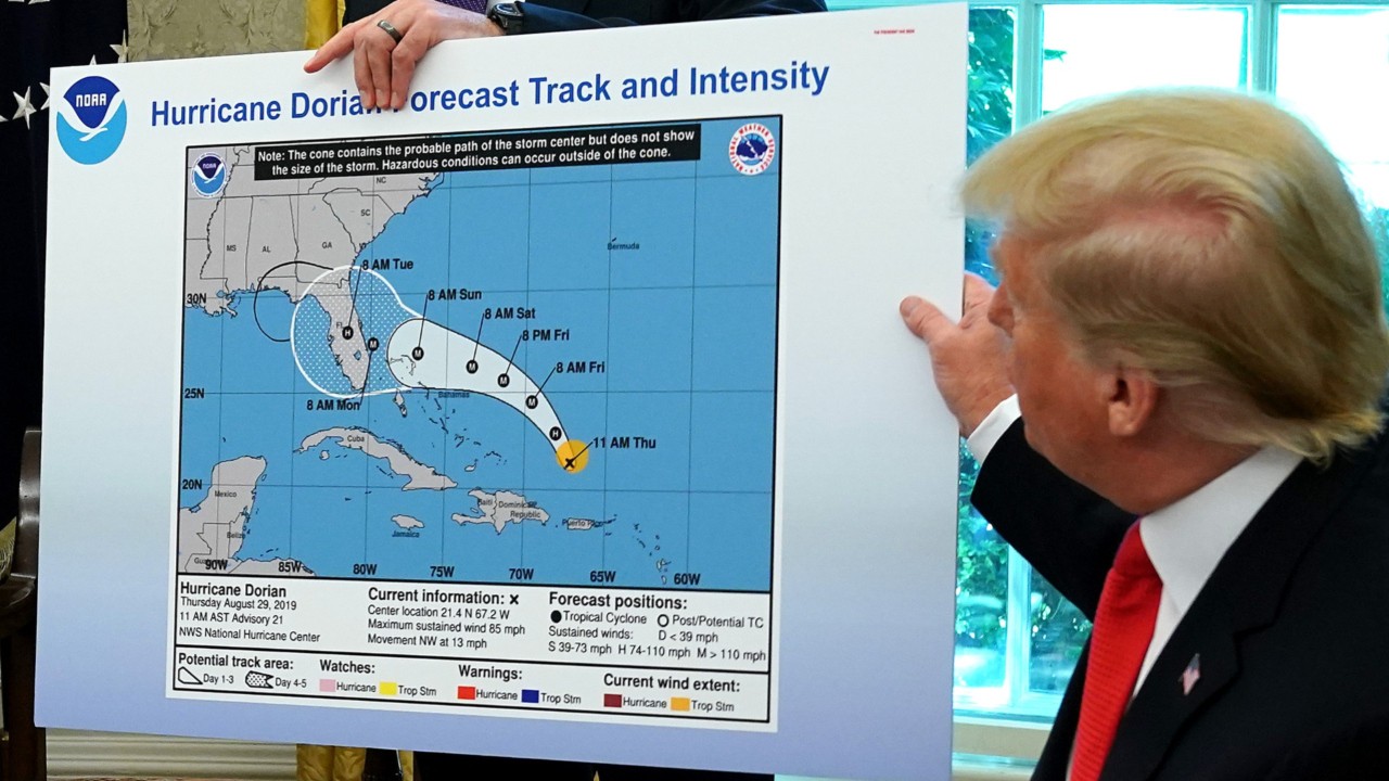 Trump shows apparently altered Hurricane Dorian forecast with hand-drawn cone toward Alabama
