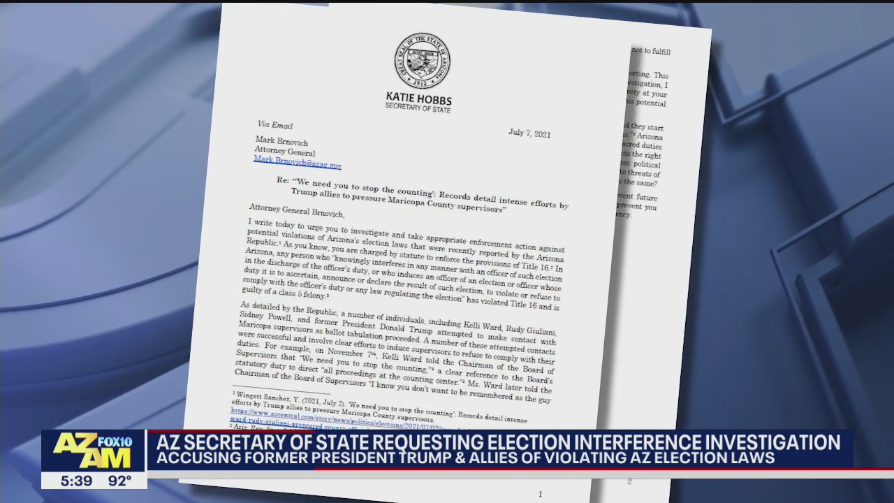 Arizona secretary of state requesting election interference investigation