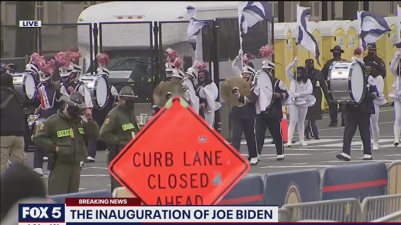 Howard University marching band marches following the inauguration