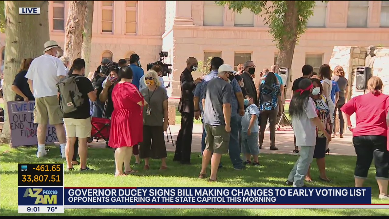 Opponents of voting bill signed by Gov. Ducey gather at state Capitol
