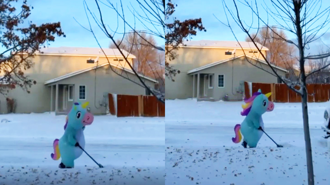 Nevada mom accepts daughter's dare to shovel snow dressed as a unicorn