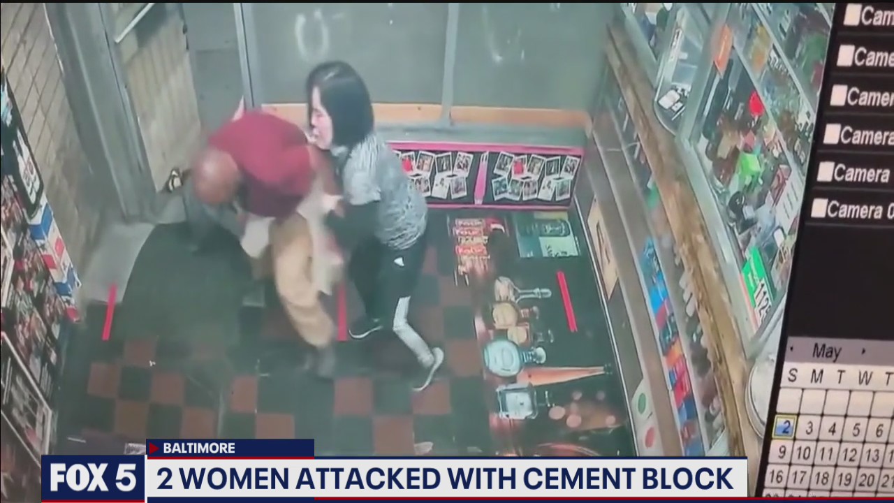 Video shows man attack 2 women in liquor store with cement block in Baltimore