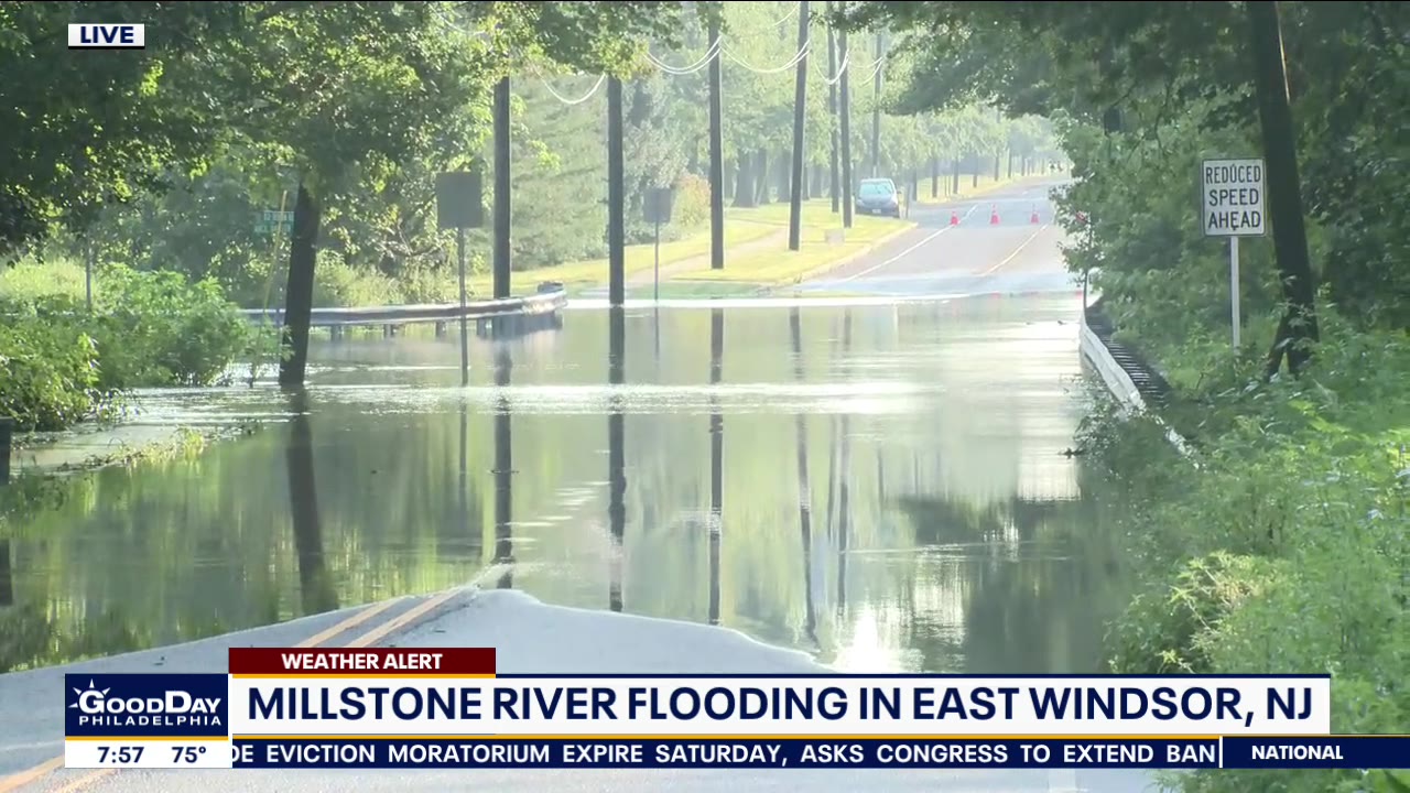Millstone River spills onto roadway following severe storms, heavy rain