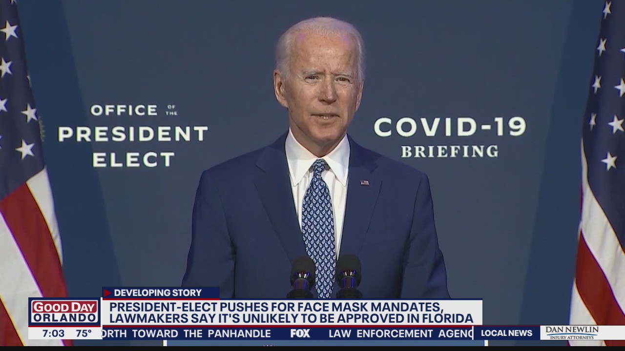 President-elect Joe Biden pushes for face mask mandates, Florida lawmakers say it's unlikely to be approved