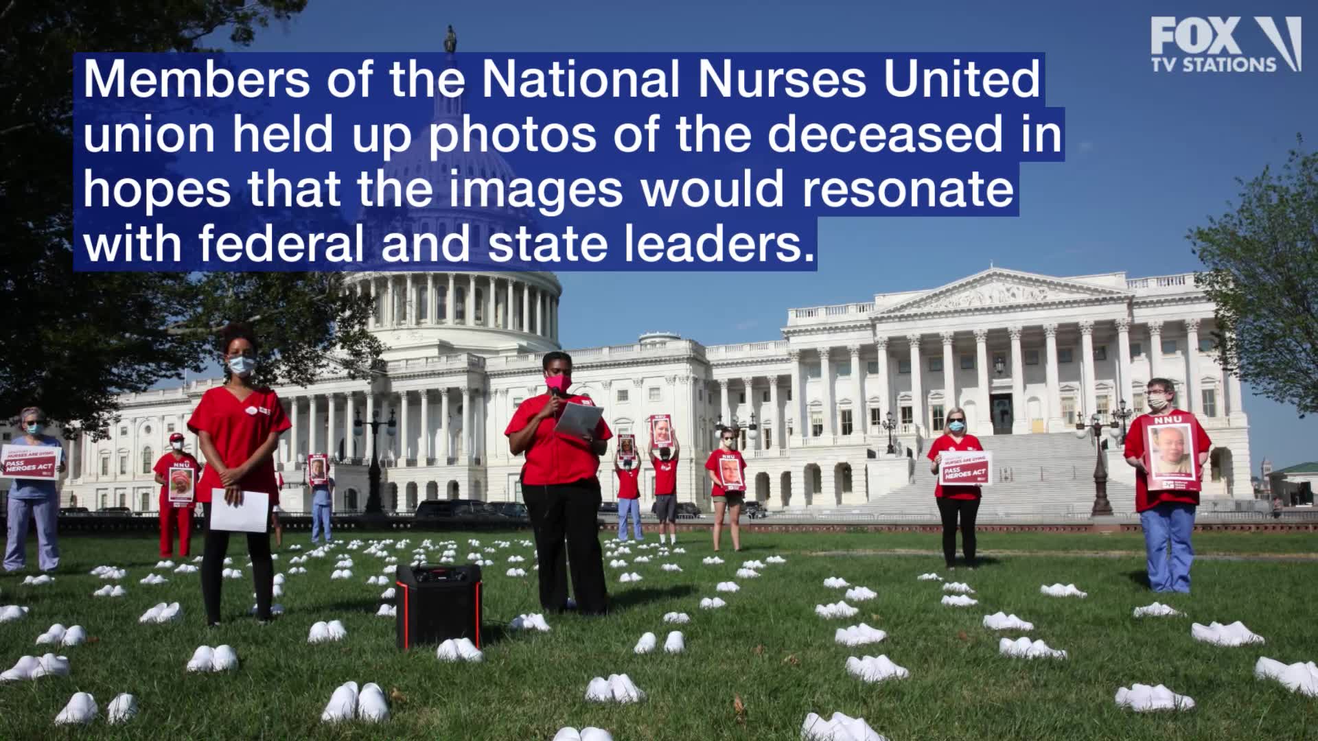 Nurses place shoes on Capitol lawn to represent nurses who died from COVID-19