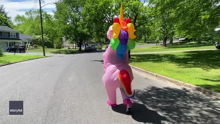 Grandma wears pink unicorn costume to greet grandchildren during pandemic
